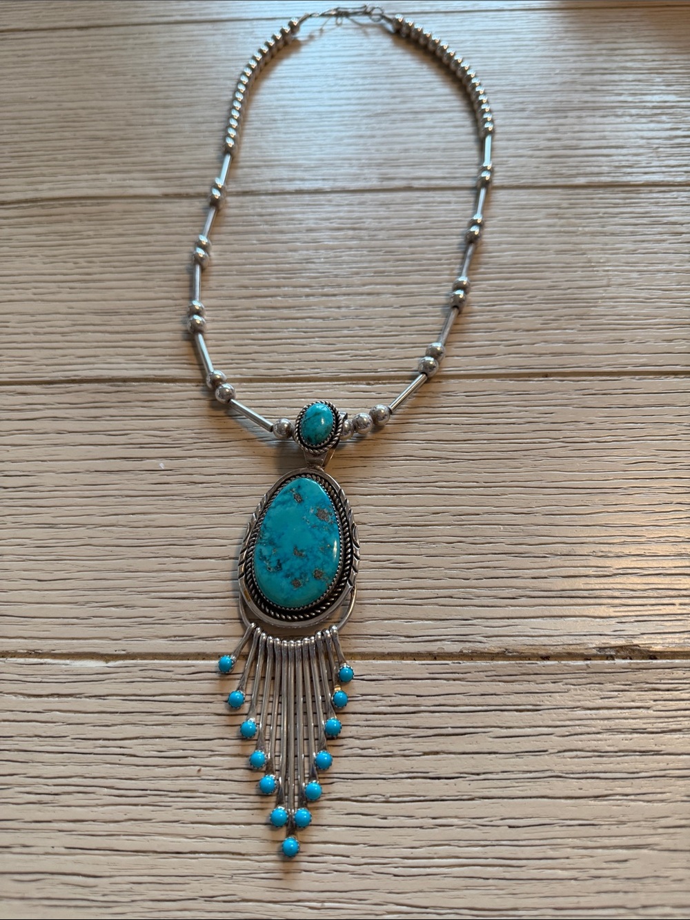 Turquoise Stone Fringe Necklace in Silver-Tone